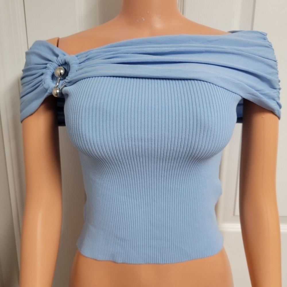 ZARA NWT Light Blue Off-Shoulder Top Size XS. - Picture 1 of 11